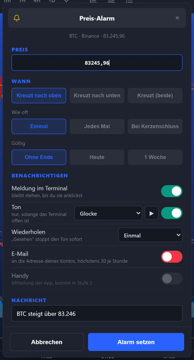 Alarm-Fenster: Preis, kreuzt nach oben, einmal, ohne Ende, Meldung, Ton, E-Mail, Nachricht